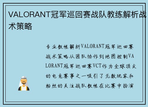 VALORANT冠军巡回赛战队教练解析战术策略
