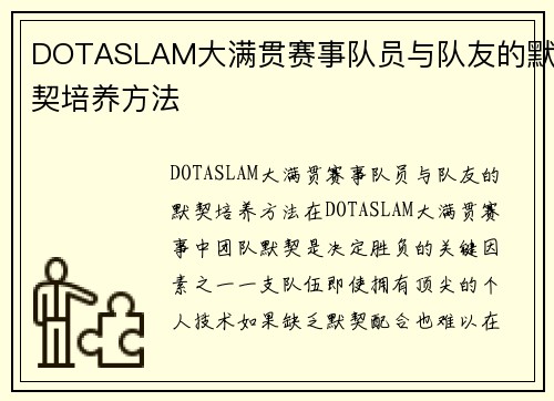 DOTASLAM大满贯赛事队员与队友的默契培养方法