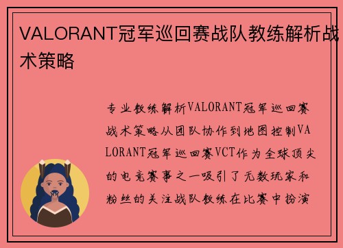 VALORANT冠军巡回赛战队教练解析战术策略