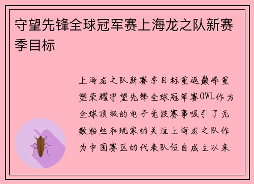 守望先锋全球冠军赛上海龙之队新赛季目标